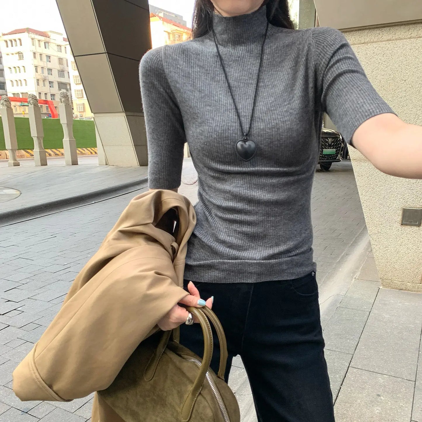 Women’s Slim Fit Half Turtleneck Knit Top – Three-Quarter Sleeve Sweater | Soft Elegant Casual Pullover EPR