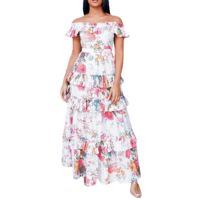 Women’s Ruffled Hem Maxi Dress – Elegant Printed Long Sleeve Dress | Office & Casual Flowy Dress CJ