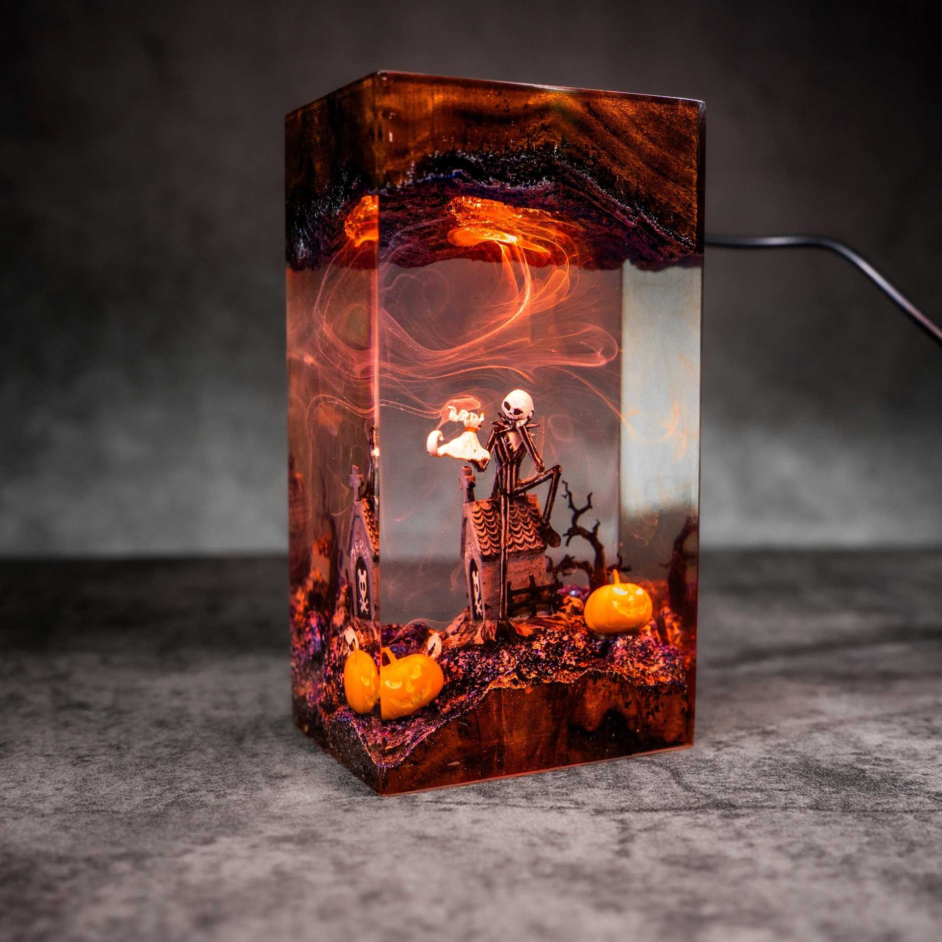 Halloween Resin Night Light - Handmade Pumpkin & Ghost Decorative Lamp | Spooky Cute Bedside Halloween Decor TED
