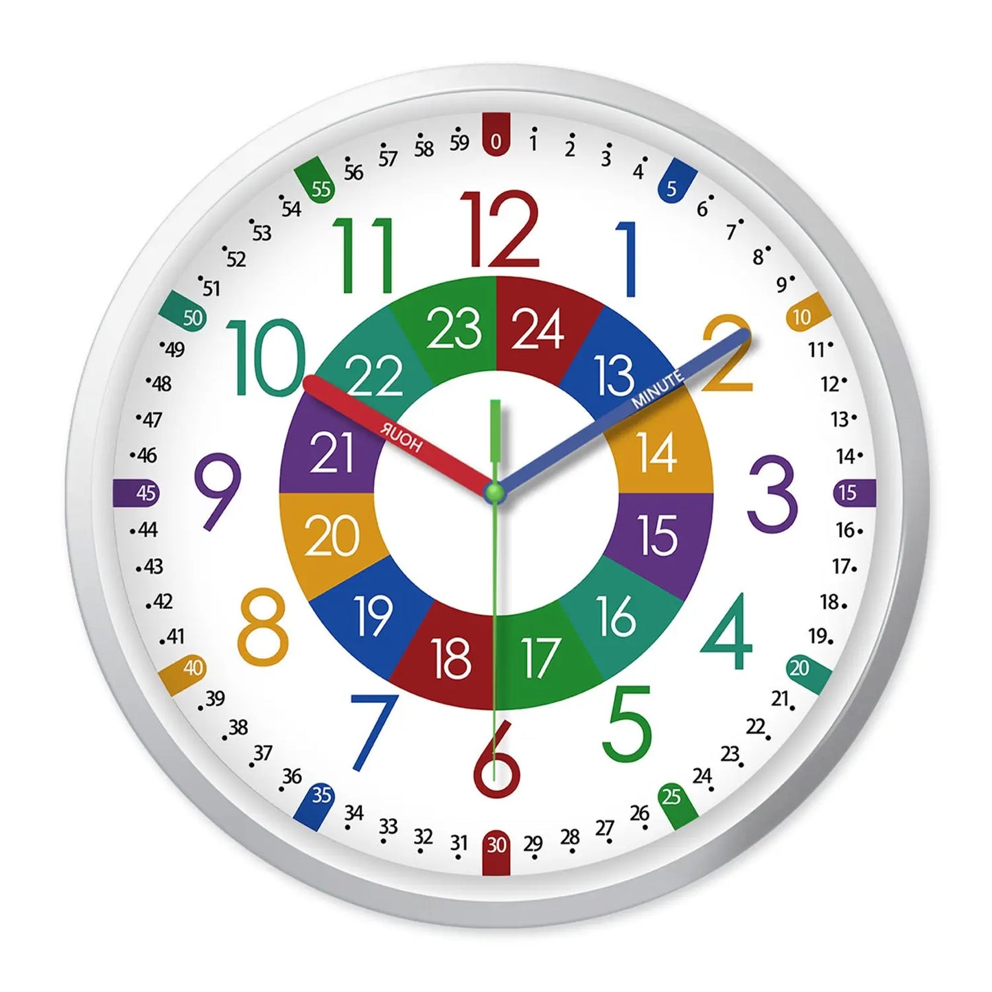 Rainbow Silent Wall Clock ? Modern Quartz Educational Clock for Kids & Home | Colorful No-Tick Decorative Clock TED