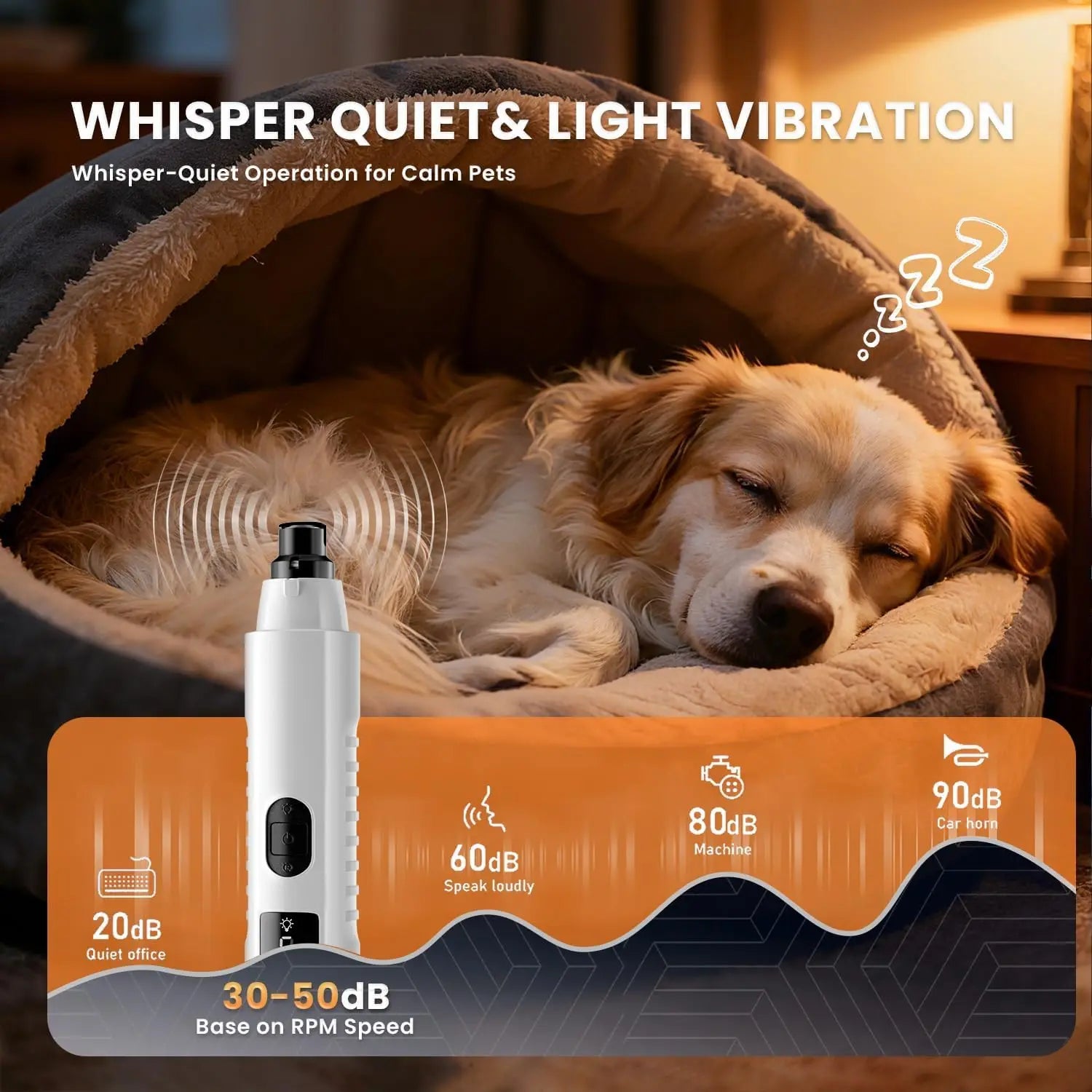 Silent Groom Pro Dog Nail Grinder – Rechargeable 5-Speed Pet Nail Trimmer with LED Light | Quiet Grooming Tool for Dogs & Cats CJ