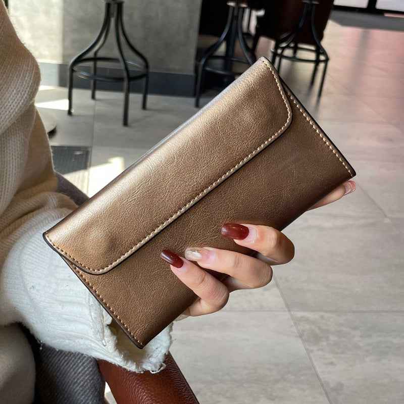 Genuine Leather Long Wallet - Large Capacity Cowhide Wallet with Multi-Compartments