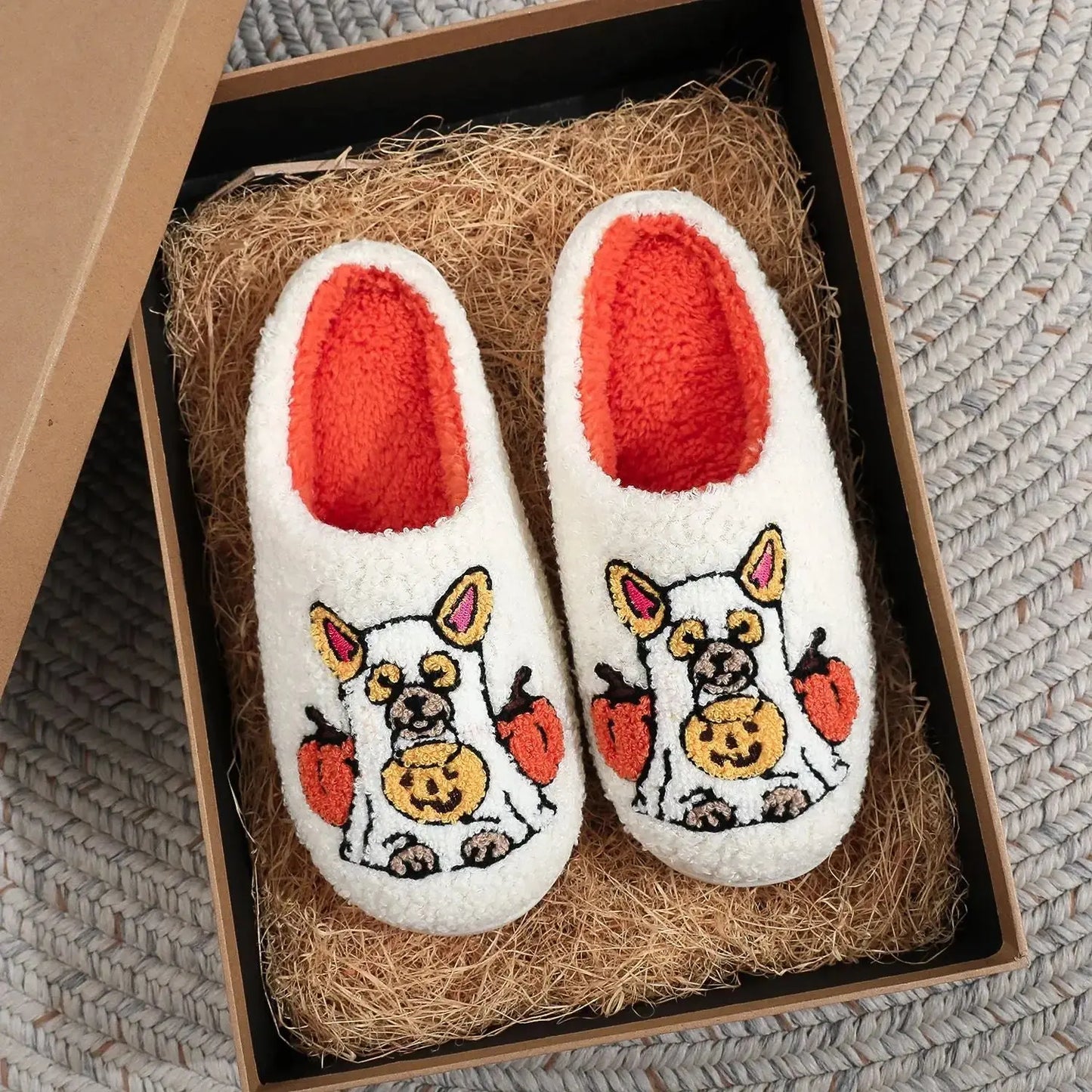 Halloween Plush Slippers Skull Pumpkin Ghost Cozy Anti-Slip Indoor Shoes TED
