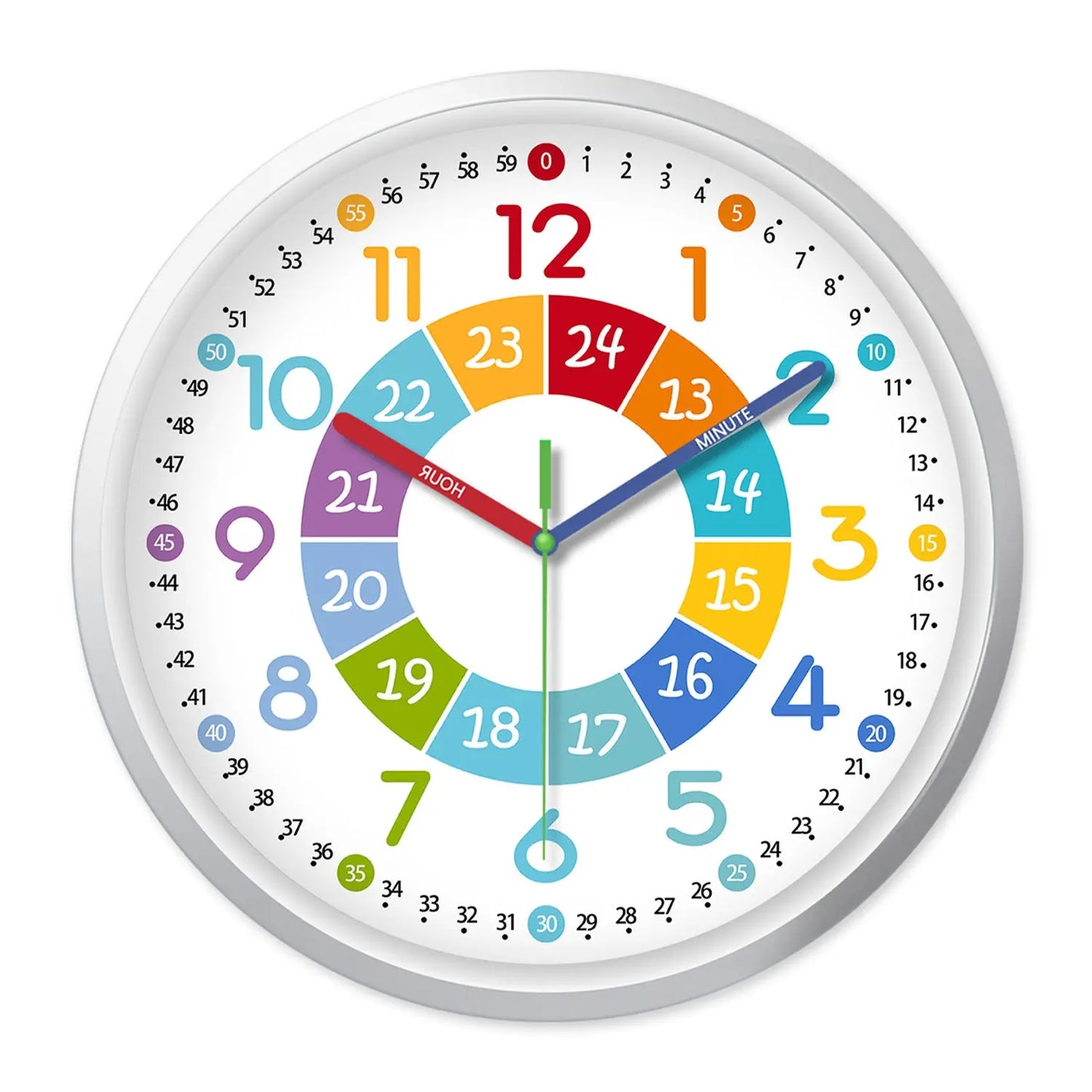 Rainbow Silent Wall Clock ? Modern Quartz Educational Clock for Kids & Home | Colorful No-Tick Decorative Clock TED