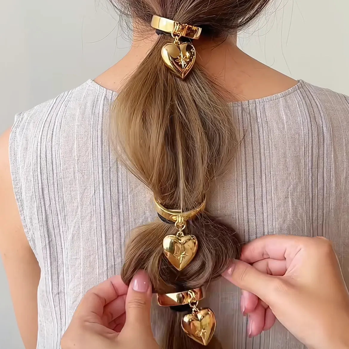 Gold Heart Star Hair Tie - Retro French Ponytail Holder | Luxury Love Hair Rope Accessory for Women TED