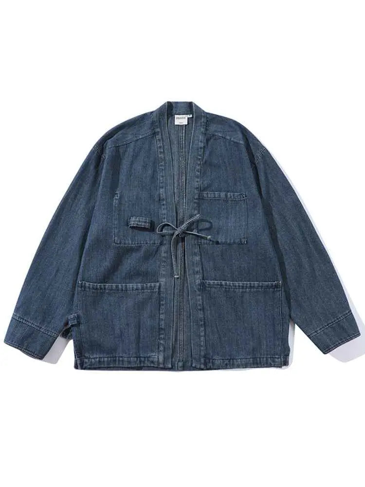 Mens V-Neck Denim Jacket Washed Cotton Oversized Ethnic Style Casual Coat