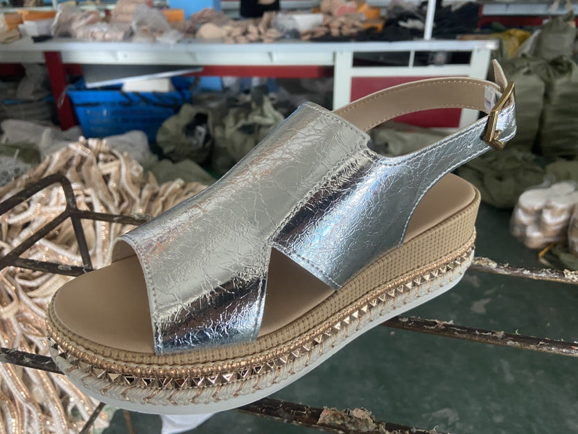 Womens Metallic Wedge Sandals - Fish Mouth Platform Heels with Buckle Strap | Gold & Silver Fashion Sandals TED