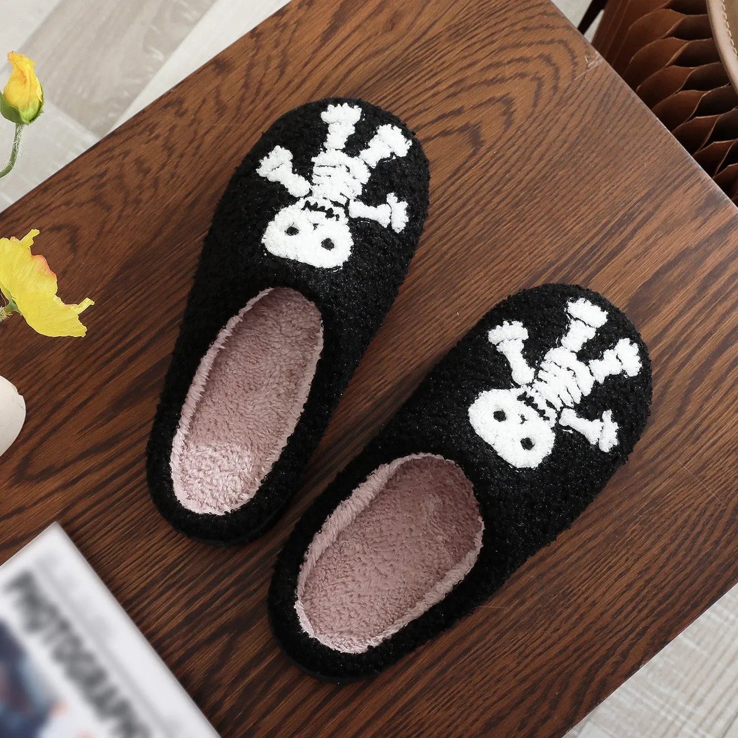Halloween Plush Slippers Skull Pumpkin Ghost Cozy Anti-Slip Indoor Shoes TED