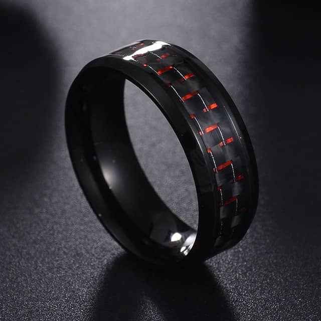 Men’s Titanium Steel Carbon Fiber Ring – Black with Red/Blue Accent (Father’s Day Gift)