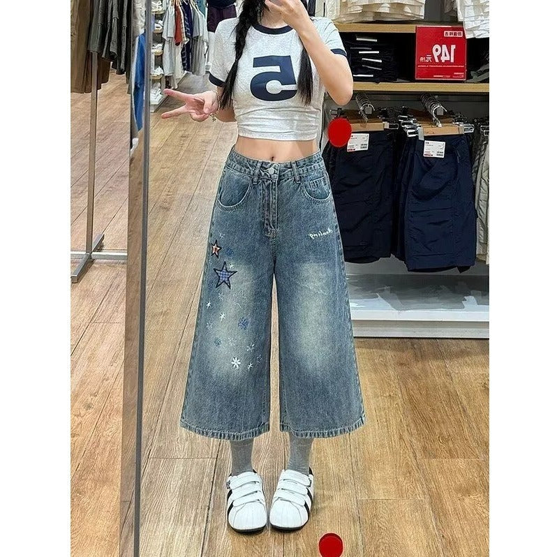 Women’s Cropped Straight Leg Denim Pants – Relaxed Wide Leg Cotton Blend Jeans | Casual Blue Ankle-Length Trousers EPR