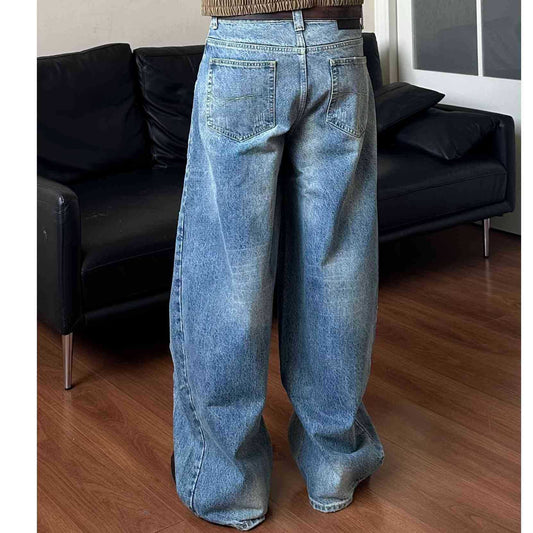 Men’s Straight Leg Jeans – High Waist Washed Denim Pants (Blue) EPR