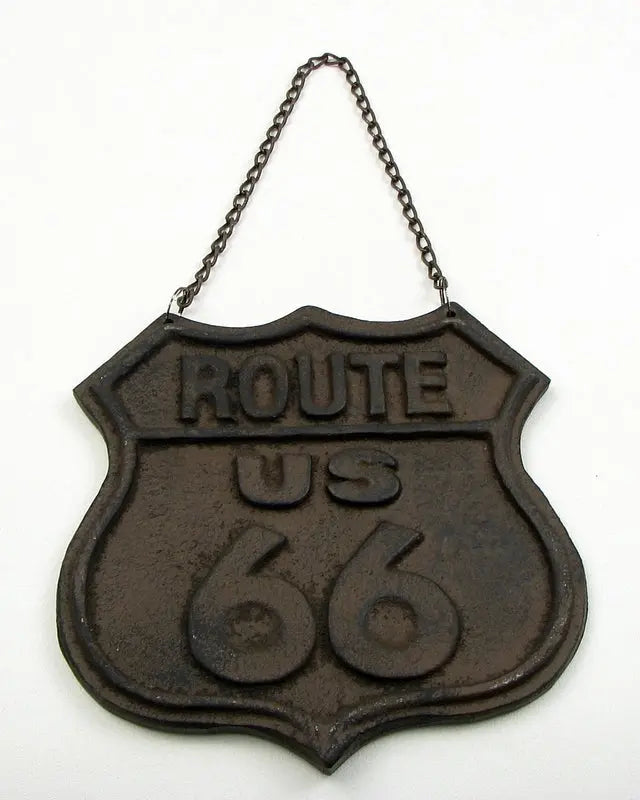 Cast Iron Route 66 Hanging Sign – Vintage Americana Wall Decor | Rustic Garage & Man Cave Accent