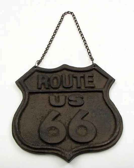 Cast Iron Route 66 Hanging Sign – Vintage Americana Wall Decor | Rustic Garage & Man Cave Accent