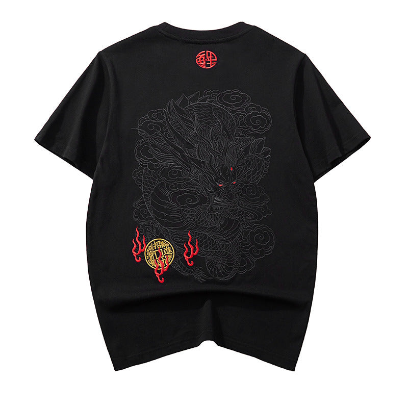 Men’s Black Dragon Embroidered Cotton T-Shirt – Breathable Streetwear Tee | Free Shipping