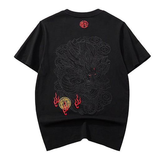 Men’s Black Dragon Embroidered Cotton T-Shirt – Breathable Streetwear Tee | Free Shipping