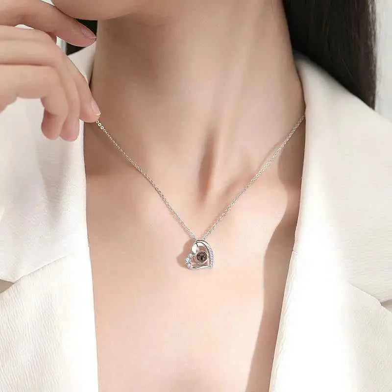 925 Silver Photo Projection Necklace – “I Love You” in 100 Languages Personalized Pendant for Her