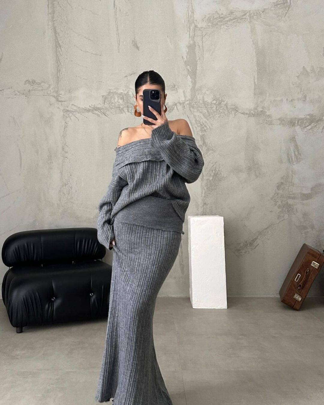 Womens Winter Outfit Two Piece Skirt Set – Off Shoulder Sweater & Long Skirt Outfit | Free Shipping