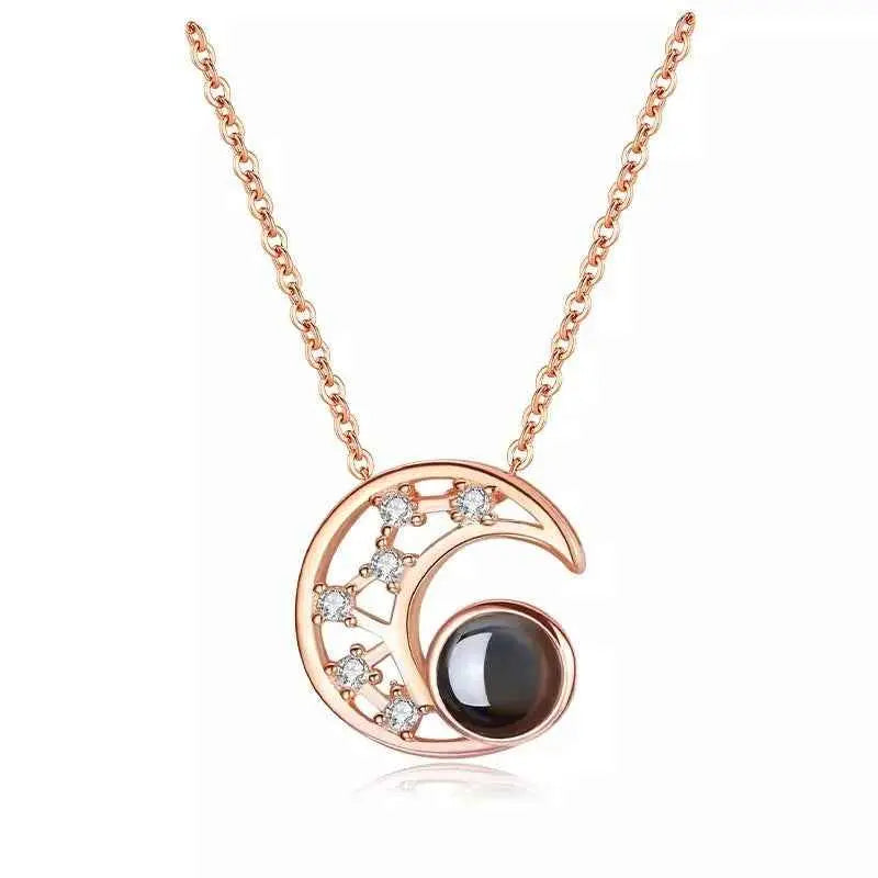 Star & Moon Projection Necklace – “I Love You” in 100 Languages Silver Clavicle Pendant