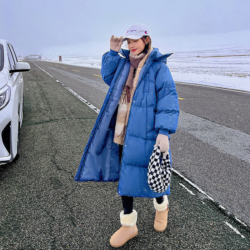 Women’s Long Hooded Puffer Coat – Knee-Length Cotton Winter Jacket | Loose Fit Zip-Up Warm Parka EPR