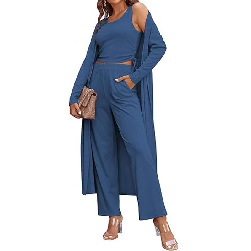 Women’s 3-Piece Knit Lounge Set – Long Sleeve Cardigan, Vest & Drawstring Pants | Elegant Casual Matching Outfit EPR