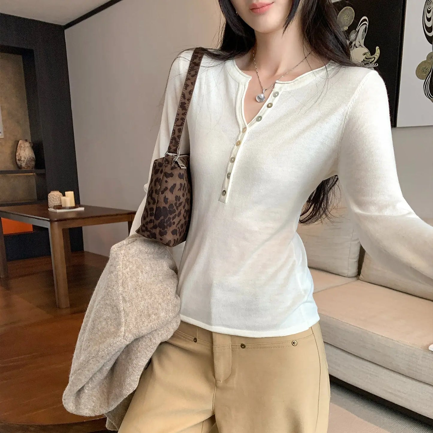 Women’s Henley Long Sleeve Slim Fit Top – Half-Open Collar Knit T-Shirt EPR