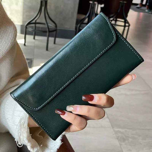 Genuine Leather Long Wallet - Large Capacity Cowhide Wallet with Multi-Compartments