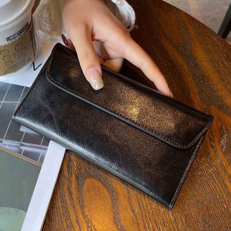 Genuine Leather Long Wallet - Large Capacity Cowhide Wallet with Multi-Compartments