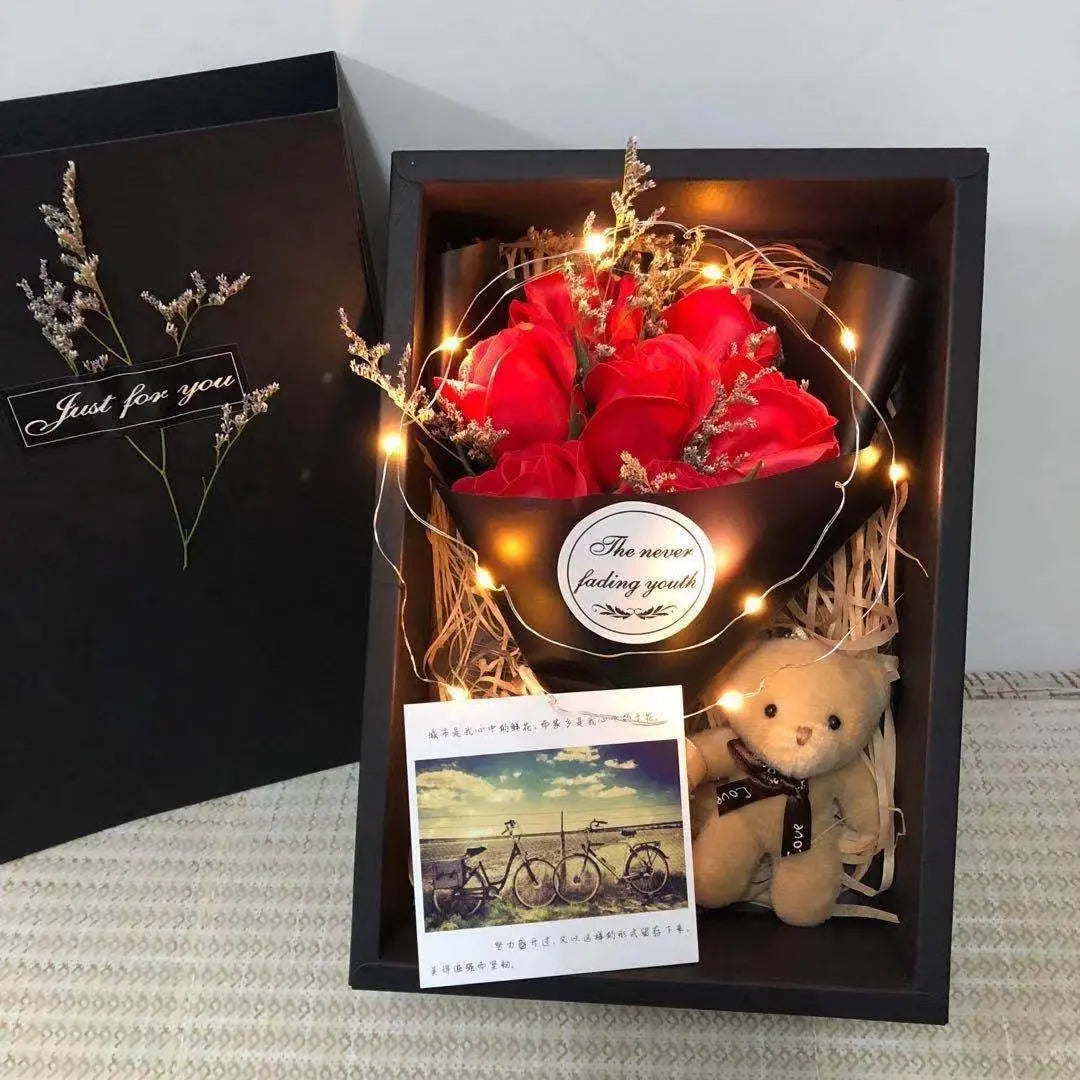 LED Soap Flower Bouquet Gift Set Romantic Rose Arrangement with Bear & Gift Box TED