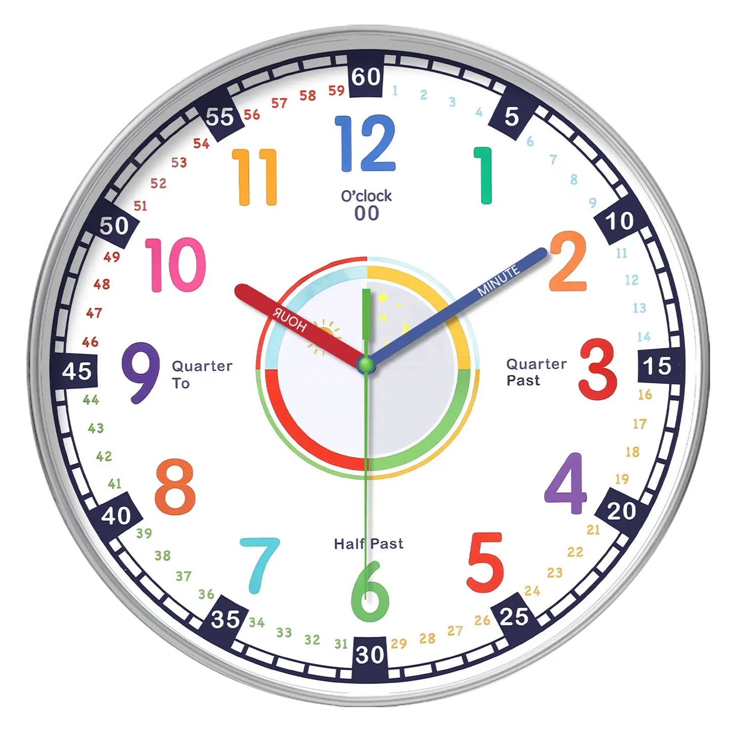 Rainbow Silent Wall Clock ? Modern Quartz Educational Clock for Kids & Home | Colorful No-Tick Decorative Clock TED