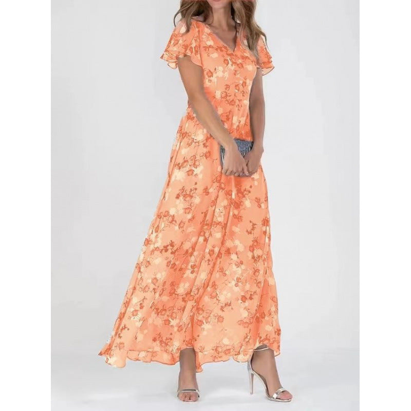 Womens Floral Chiffon Maxi Dress - Ruffle V-Neck Off-Shoulder Swing Dress | Elegant Boho Summer Dress TED