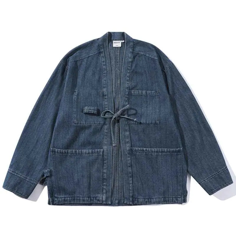 Mens V-Neck Denim Jacket Washed Cotton Oversized Ethnic Style Casual Coat