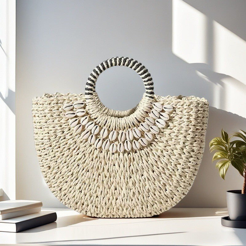 Bohemian Straw Shell Bag - Woven Semi-Circle Beach Handbag | Summer Vacation Boho Purse TED
