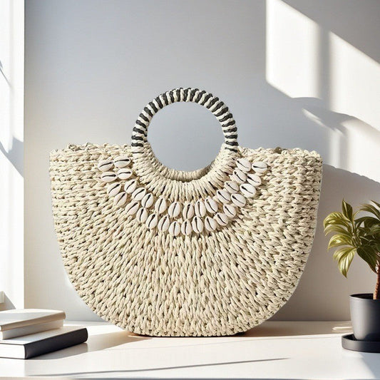 Bohemian Straw Shell Bag - Woven Semi-Circle Beach Handbag | Summer Vacation Boho Purse TED