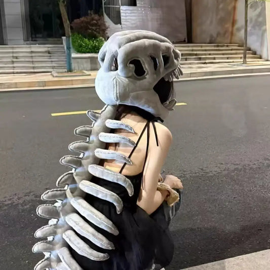 Dinosaur Skeleton Plush Headgear Hat - Funny Dino Costume Hood | Soft Cosplay Party Hat for Teens & Adults TED