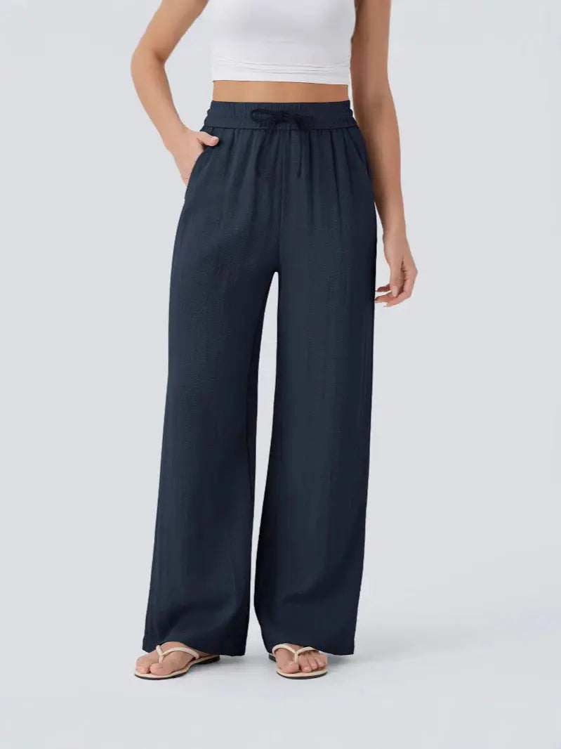 Women’s High-Waisted Wide Leg Pants – Drawstring Linen-Feel Trousers with Pockets | Casual Relaxed Fit TED