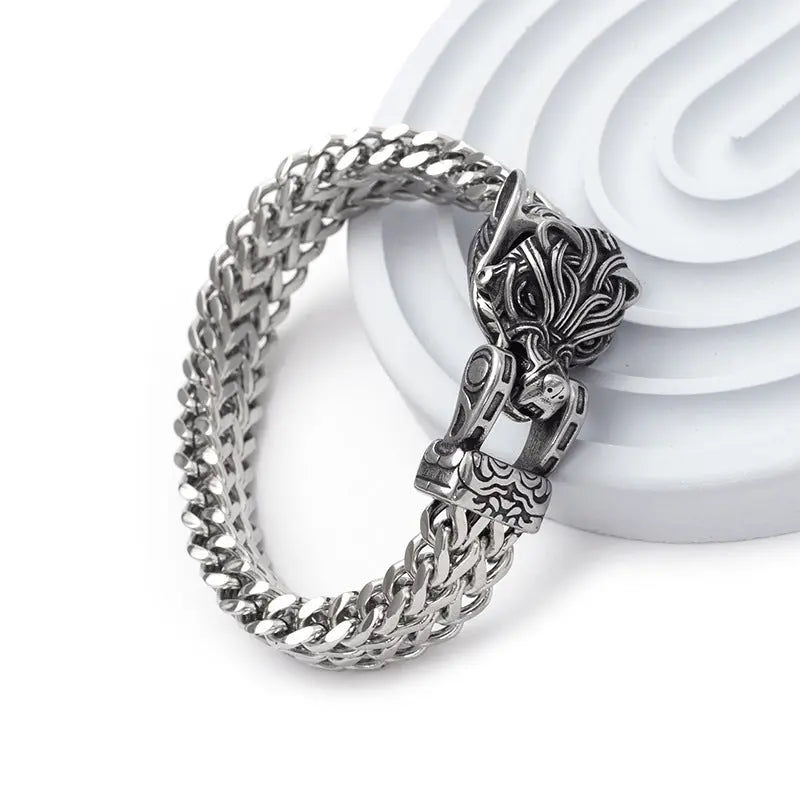 Viking Wolf Bracelet for Men Nordic Stainless Steel Chain Bracelet Gift TED