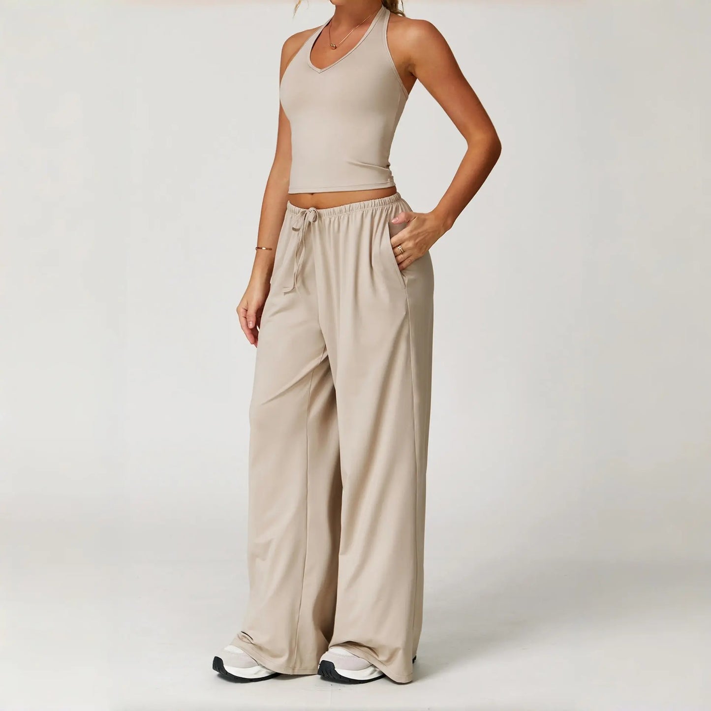 Womens Quick-Dry Activewear Set  Hooded Sports Top & Wide Leg Pants | Breathable Yoga & Casual Workout Outfit