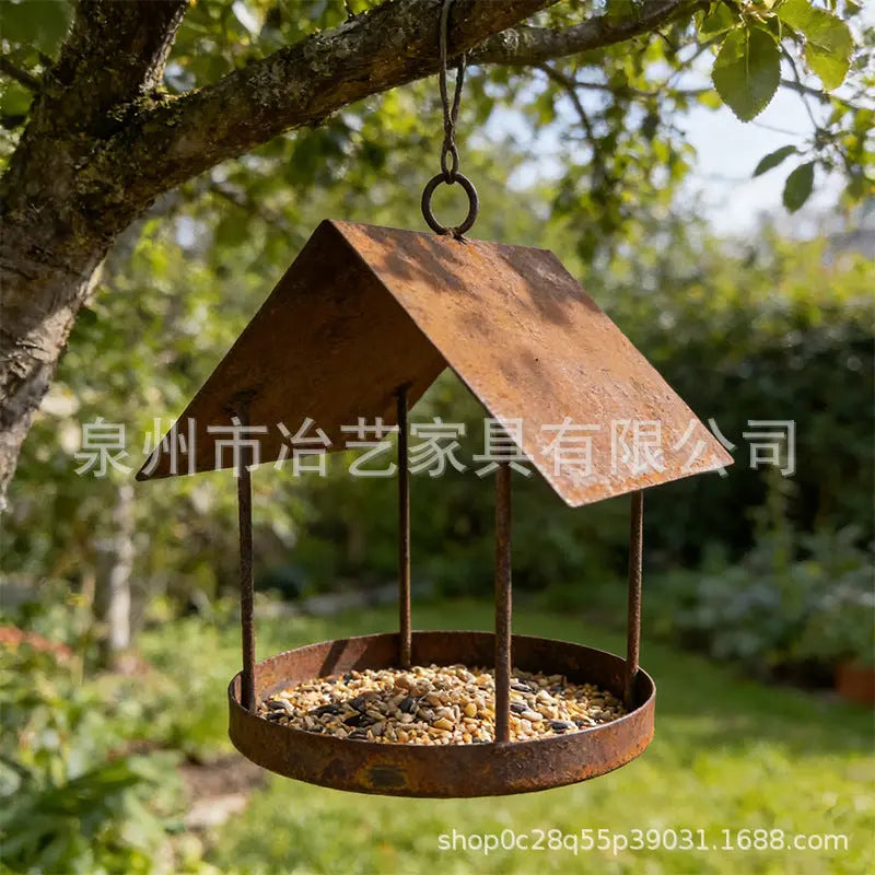 Vintage Iron Bird Feeder - Decorative Outdoor Garden Birdhouse | Rustic Metal Hanging Yard Ornament