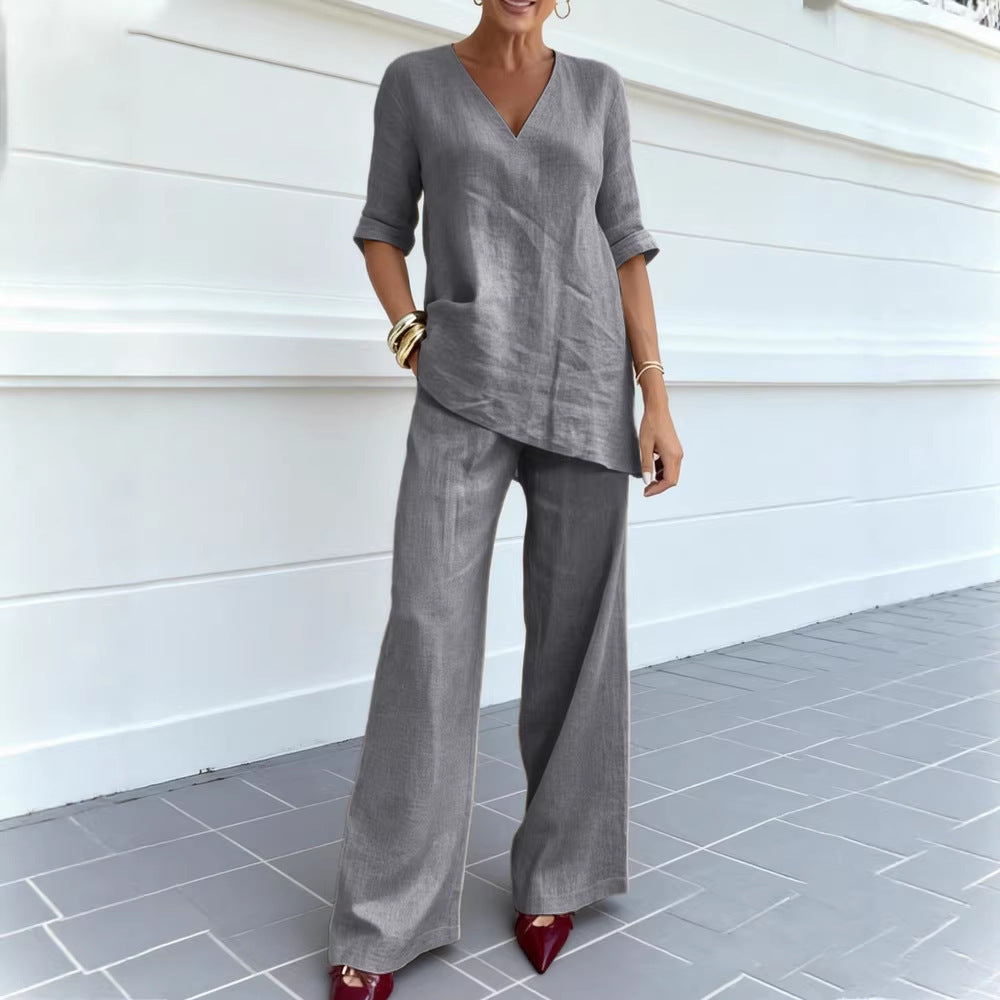 Womens Cotton Linen Lounge Set V-Neck 3/4 Sleeve Top & Casual Wide Leg Pants | Relaxed Two-Piece Outfit TED