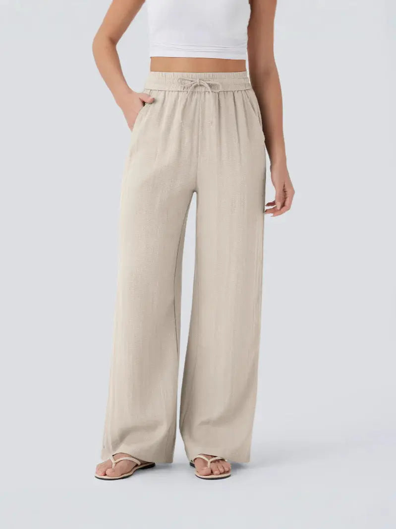 Women’s High-Waisted Wide Leg Pants – Drawstring Linen-Feel Trousers with Pockets | Casual Relaxed Fit TED