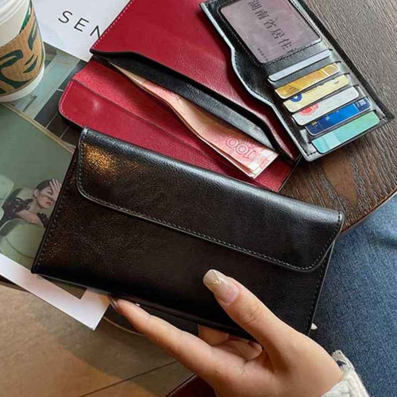 Genuine Leather Long Wallet - Large Capacity Cowhide Wallet with Multi-Compartments