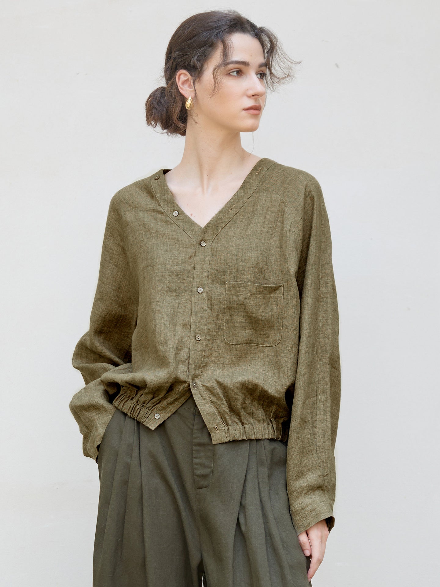 Women's Linen V-Neck Raglan Sleeve Shirt | Artistic Vintage Linen Blouse Women - EverCharm Gifts