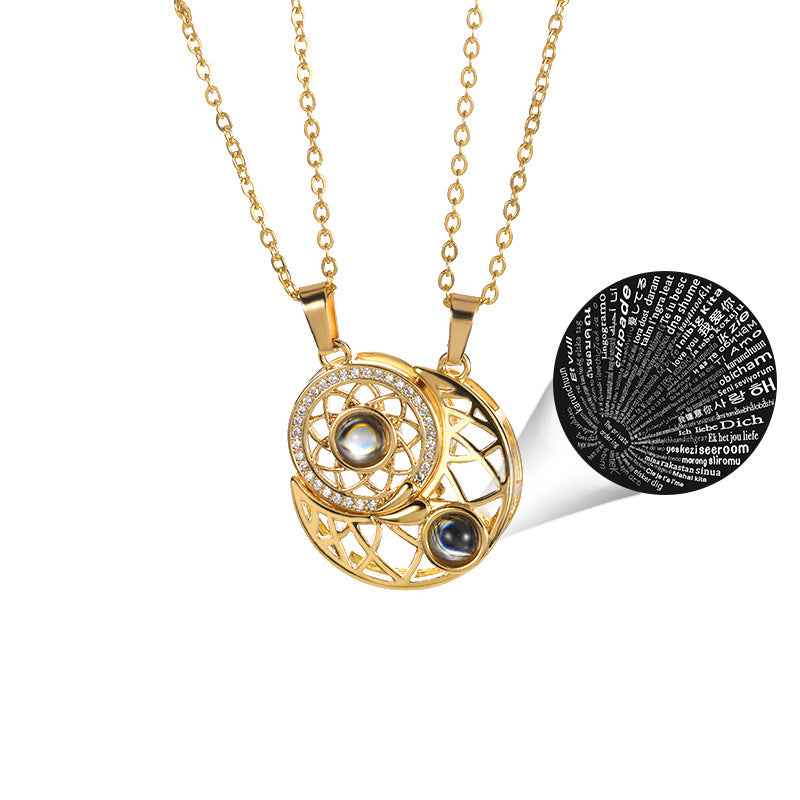 Sun & Moon Couple Projection Necklace – “I Love You” in 100 Languages Matching Set