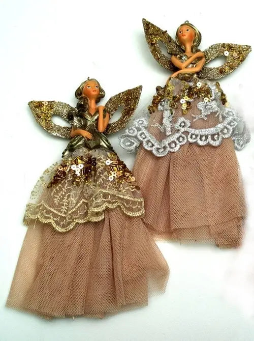 Elegant Lady Christmas Ornaments Set of 2 – Gold Skirt Holiday Tree Decorations (8") IWGAC