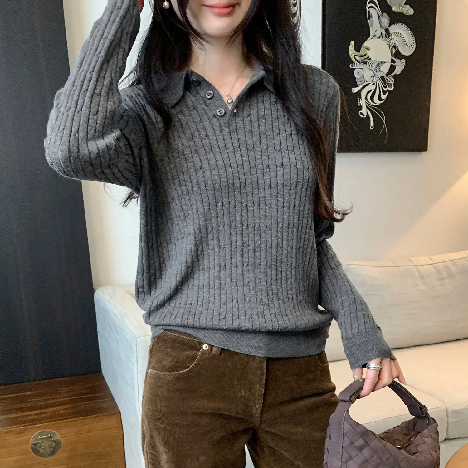 Women’s Loose Fit Collared Knit Sweater – Long Sleeve Elegant Pullover | Casual Office Knit Top EPR