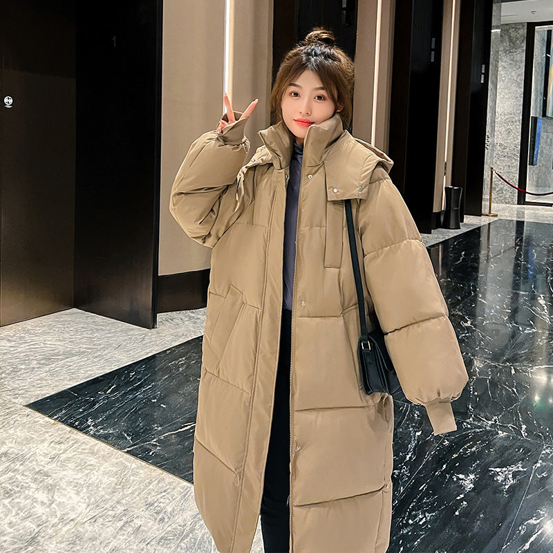 Women’s Long Hooded Puffer Coat – Knee-Length Cotton Winter Jacket | Loose Fit Zip-Up Warm Parka EPR