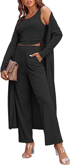 Women’s 3-Piece Knit Lounge Set – Long Sleeve Cardigan, Vest & Drawstring Pants | Elegant Casual Matching Outfit EPR