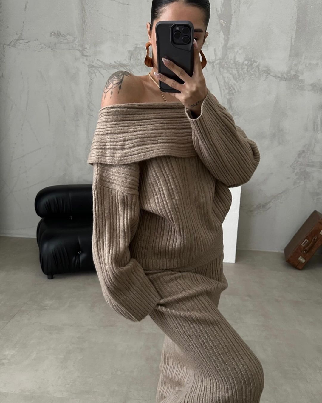Womens Winter Outfit Two Piece Skirt Set – Off Shoulder Sweater & Long Skirt Outfit | Free Shipping