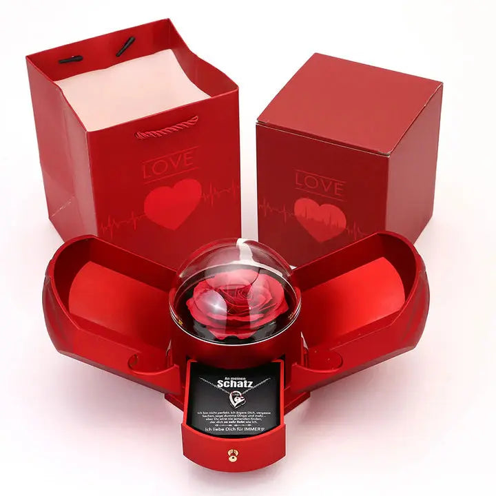 Heart Rose Necklace Gift Set Double-Open Jewelry Box with Greeting Card | Romantic Love Pendant Gift TED