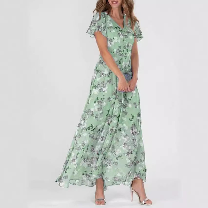 Womens Floral Chiffon Maxi Dress - Ruffle V-Neck Off-Shoulder Swing Dress | Elegant Boho Summer Dress TED